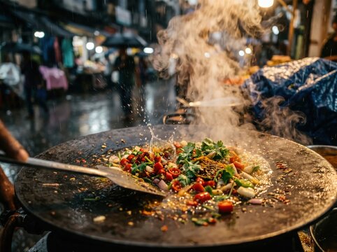 Street food cooking on a hot griddle with steam and spices in the rain