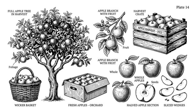 Vintage apple harvest illustration with tree, branches, fruit, and crates, detailed engraving style on transparent background.