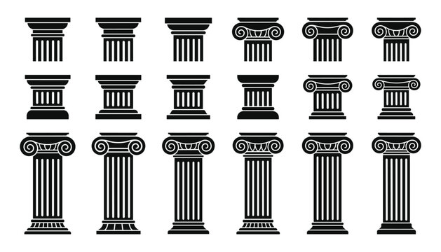 Ancient Greek columns vector set transparent background roman architectural elements doric ionic corinthian styles classical building facade details.