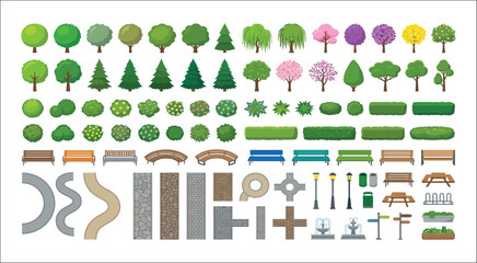 Fototapeta premium Trees Benches And Garden Elements Vector Illustration On White Background