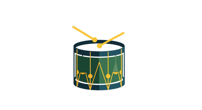 Illustrated drum set with yellow drumsticks on top.