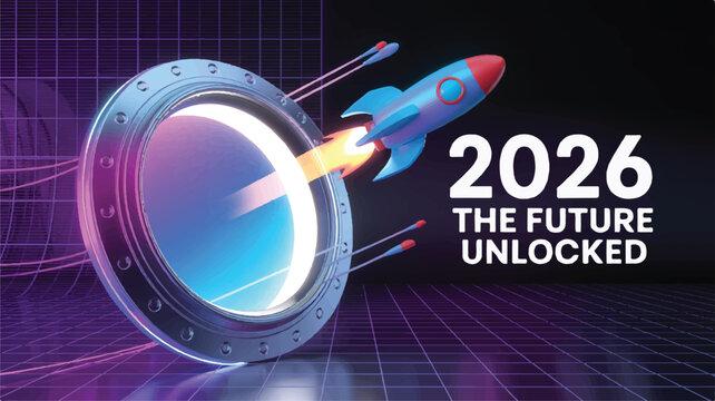 A futuristic scene featuring a rocket launching from a portal towards 2026.