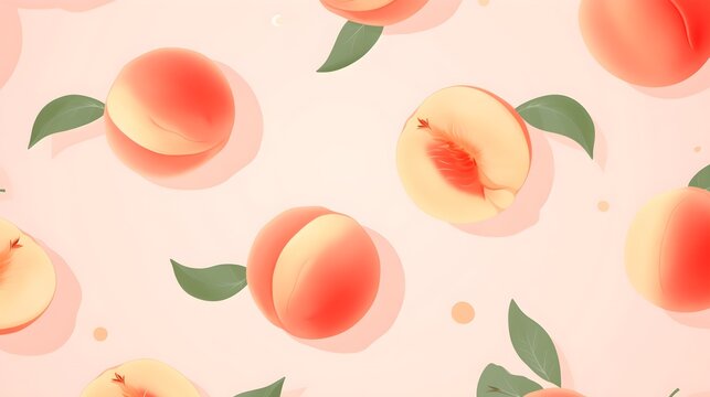 Cute seamless vector pattern background with fresh pink peach fruit, sweet cut halves, and green leaves. Soft pastel illustration for wallpaper.