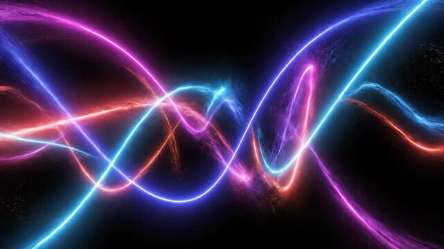 Abstract background featuring five vertical undulating neon light streaks in vibrant blue, purple, pink, and orange hues glowing against a dark black backdrop with laser-like precision.