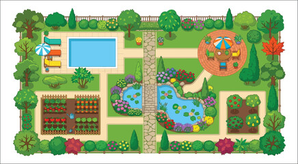 Fototapeta premium Garden Landscape Illustration With Pool And Pond Top down View