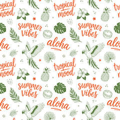 Whimsical hand drawn tropical doodle seamless pattern with lettering, parrot, pineapple, coconut and hibiscus in flat vector style © Irina Khovanskaya