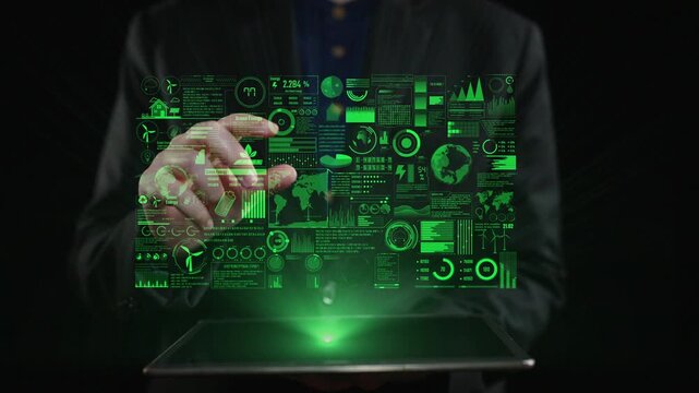 A futuristic display of green energy concepts showcasing CO2 reduction through a digital tablet, featuring various environmental icons and technologies emphasizing sustainability. Cipher