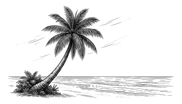 Tropical palm tree leaning over ocean waves, serene beach scene, vintage engraving style, isolated vector illustration.