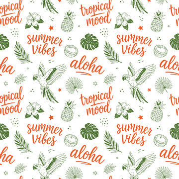 Whimsical hand drawn tropical doodle seamless pattern with lettering, parrot, pineapple, coconut and hibiscus in flat vector style