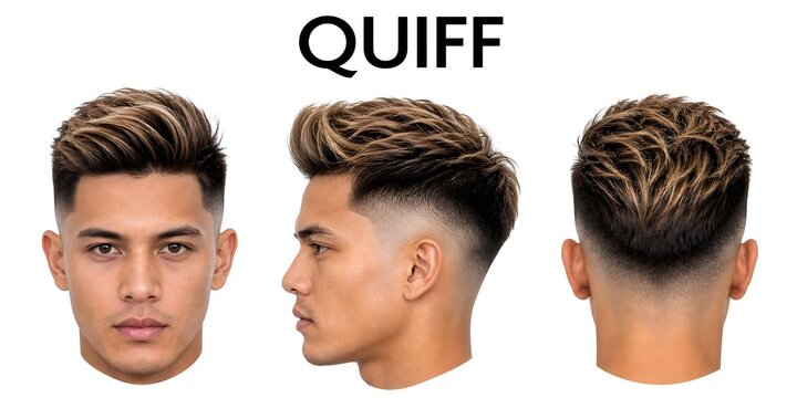 Modern man quiff haircut front side and back view on white background