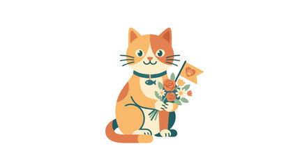 Cute Cartoon Cat Holding a Bouquet of Flowers and a Flag © lolong
