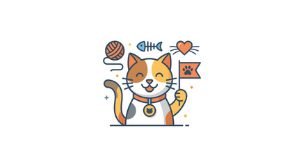 Cute Cartoon Cat Holding Flag with Yarn Ball and Fish Bone Icon © lolong