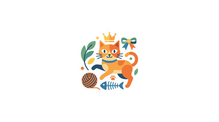 Cute Cartoon Cat Illustration with Crown and Toys © lolong