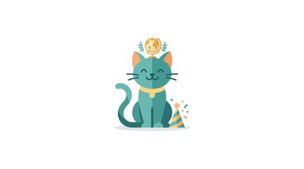 Cute Cartoon Cat Illustration with Globe and Party Hat © lolong