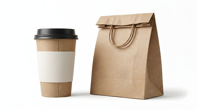 Kraft Paper Coffee Cup With Sleeve and Paper Bag Mockup