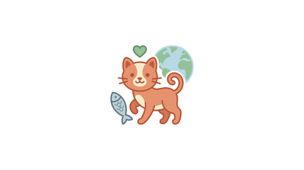 Cute Cartoon Cat with Fish and Globe Vector Illustration © lolong