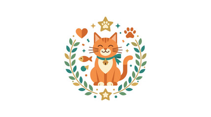 Cute Cartoon Ginger Cat Emblem with Floral Wreath and Decorative Icons © lolong