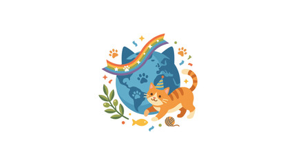 Cute Cat Celebrating World Pet Day with Globe and Rainbow Banner © lolong