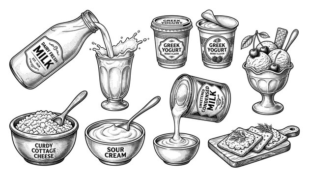 Dairy products vector set vintage illustration milk yogurt cottage cheese sour cream condensed milk ice cream.