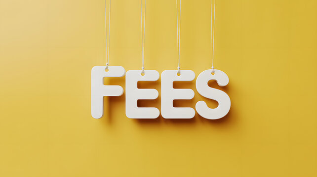 A white 3D fees sign hanging on strings against a bright yellow background