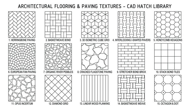 Architectural flooring paving textures vector graphics cad hatch library patterns transparent background isolated elements.