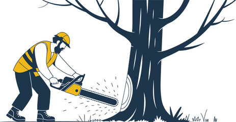 Arborist with chainsaw cutting down large tree trunk during daytime with wood chips flying © Ismail