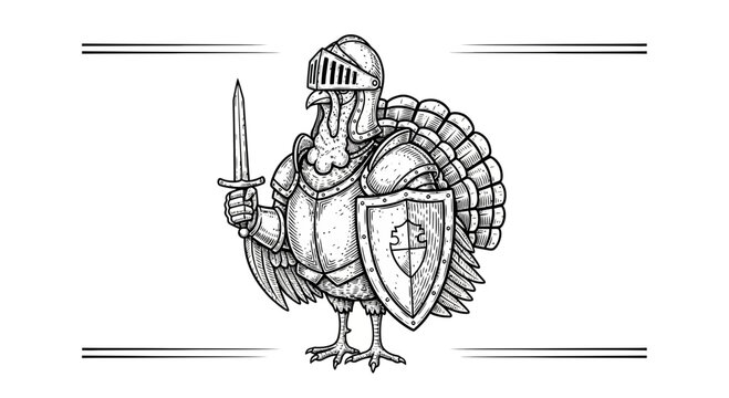 Thanksgiving Turkey Knight Warrior with Sword and Shield, Funny Cartoon