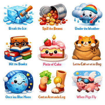Nine colorful illustrations of common english idioms with funny cartoon characters, perfect for educational content or languagelearning materials. Great for visuals.