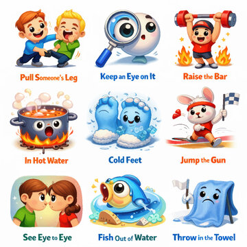 Illustrated cartoon characters depicting common english idioms for educational materials, presentations, or language learning resources. Fun and engaging visuals.