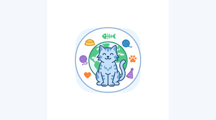 Cute Cat Icon with Planet Earth and Pet Accessories © RB
