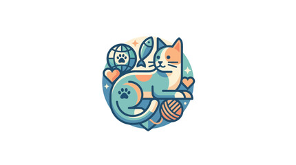 Cute Cat Illustration with Ball of Yarn and Fish © RB
