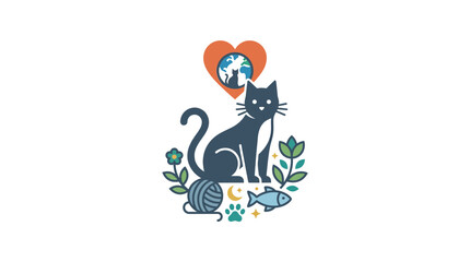 Cute Cat Illustration with Earth Heart and Nature Elements © RB
