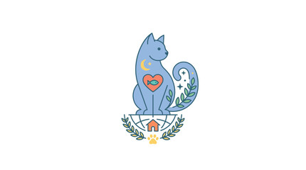Cute Cat Illustration with Heart and Globe Icon © RB