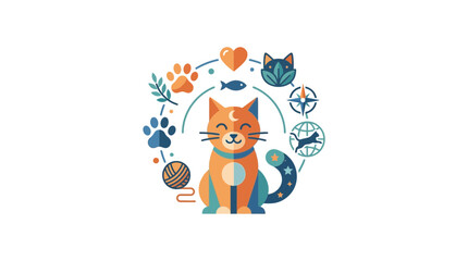 Cute Cat Illustration with Decorative Pet Themed Icons © RB