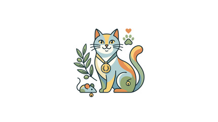 Cute Cat Illustration with Medal and Mouse Toy © RB