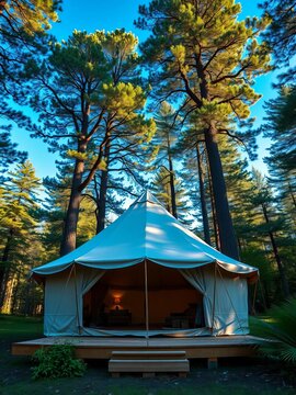 Canvas-sided luxury tent surrounded by towering trees, ||forest, nature