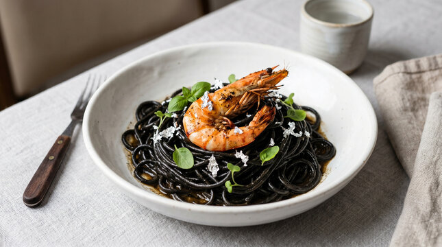 Gourmet Squid Ink Black Spaghetti Served with Large Grilled Shrimp