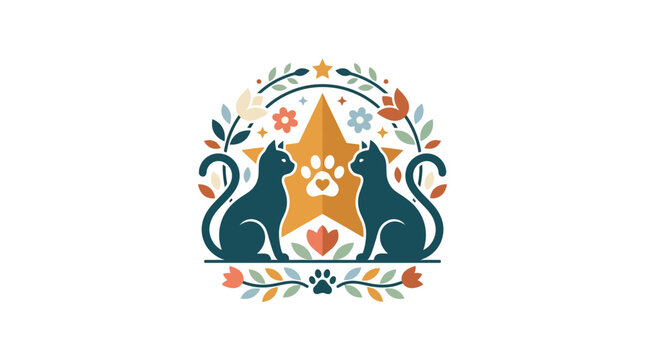 Decorative Cat Emblem with Star and Paw Print