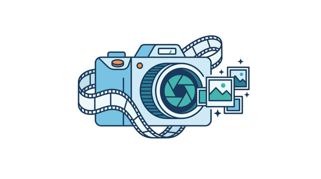 Digital Camera with Film Strip and Photo Prints Icon Illustration