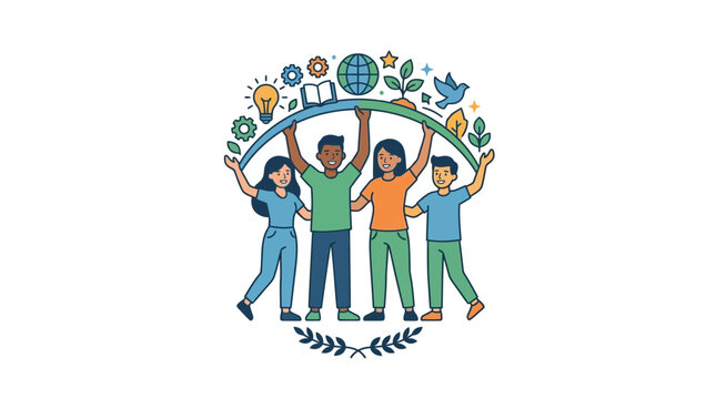 Diverse Group of Students Holding Up a Global Education Arch