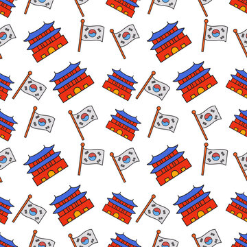 Korean Flag and Palace Seamless Pattern in Flat Design Style