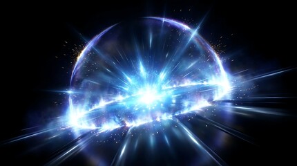 Fototapeta premium Glowing blue energy dome radiating intense light waves and sparkling particles in a dark void while creating a powerful abstract sci-fi explosion of cosmic force