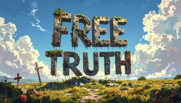 Artistic depiction of "FREE TRUTH" across a sunny sky with crosses and landscape