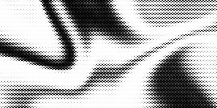 Hexagon halftone gradient texture. Abstract black grunge background. Geometric retro halftone tech wallpaper. Fading wavy hexagonal pattern backdrop. Vector vanishing honeycomb grunge bitmap overlay