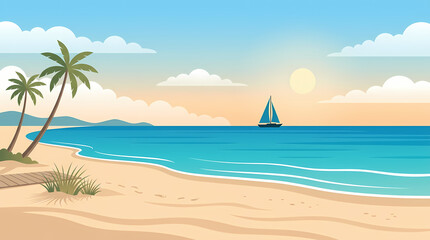 Obraz premium Serene Tropical Beach Landscape with Gentle Ocean Waves and a Sailing Boat under a Warm Summer Sun