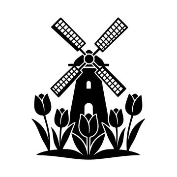 Black silhouette of a Dutch windmill and tulips, isolated on a transparent background. Perfect for travel icons.