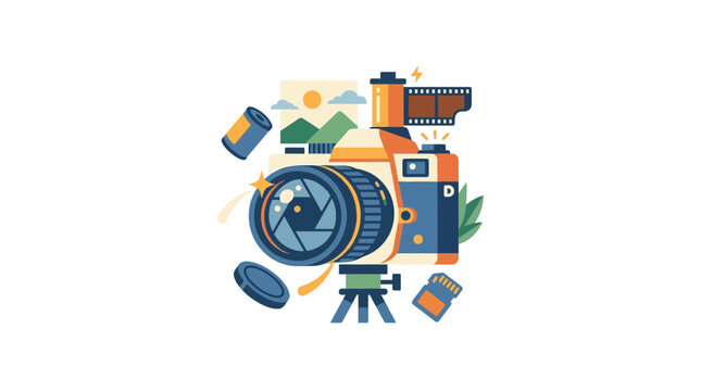 Flat Vector Photography Equipment Illustration with Camera and Accessories