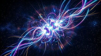 Fototapeta premium Vibrant cosmic energy explosion featuring neon light streaks and glowing particles swirling in deep space captured with a dynamic digital art style for modern scientific backgrounds