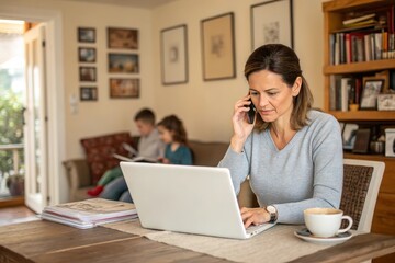 Fototapeta premium Woman works at home, chatting on phone while typing