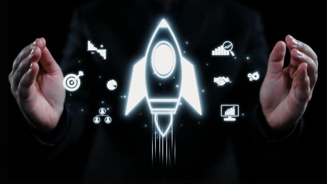 A pair of hands seemingly holds a glowing rocket, symbolizing business growth. Surrounding the rocket are various icons representing strategy, innovation, and success in the digital era. Qubit